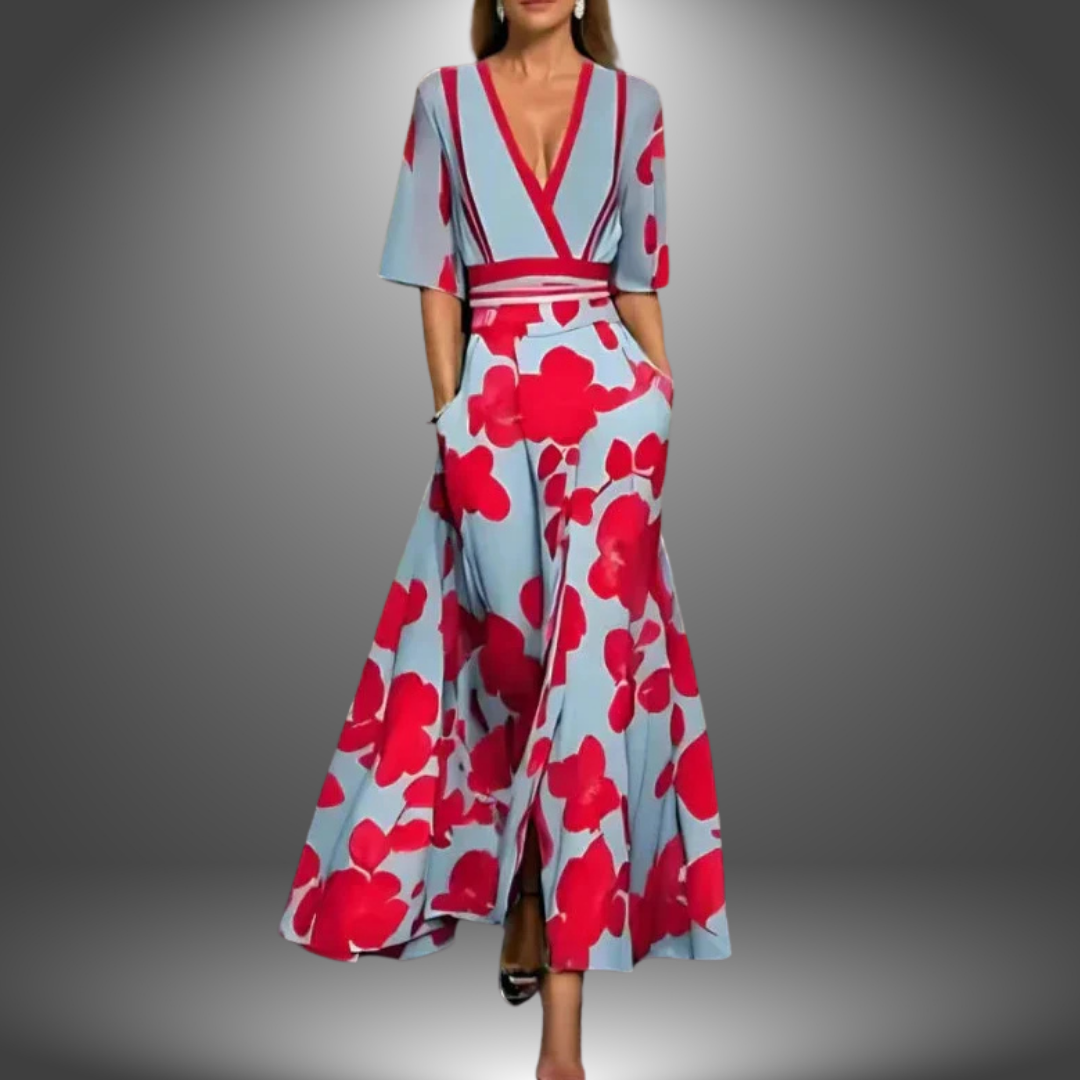 Rhea - Flattering V-Neck Printed Maxi Dress