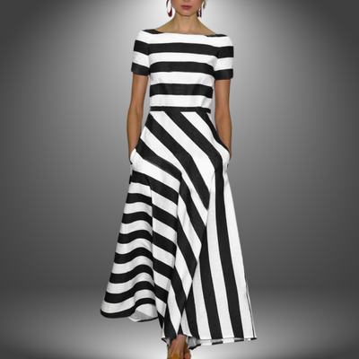 Lyric - Elegant Short-Sleeved Stripes Pocket Dress