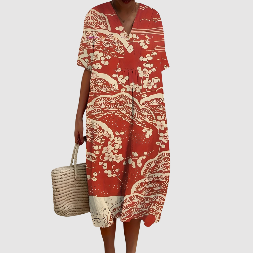 Naomi | Terracotta Blossom Print Midi Dress